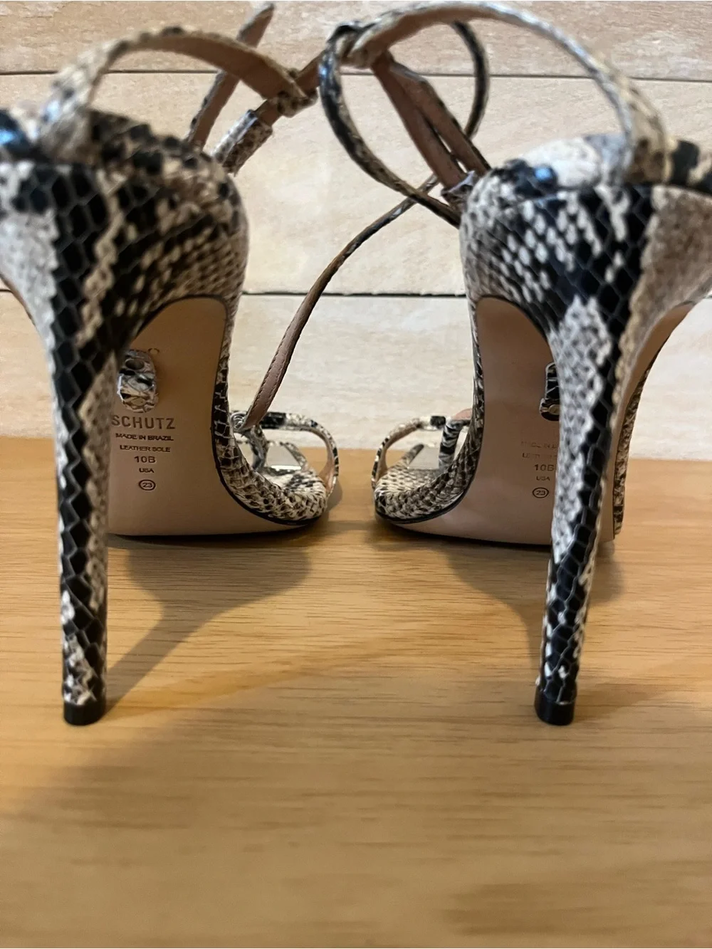 SCHUTZ Snakeskin Print Strappy Heels in Black and Cream